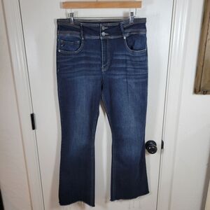 Kancan Double Button High Waisted Wide Leg Raw Hem Dark Wash Jeans Size 31